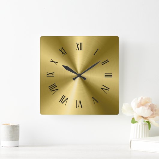 金ゴールド光沢のあるメタリックテクスチャローマ数字 スクエア壁時計 (ホーム)