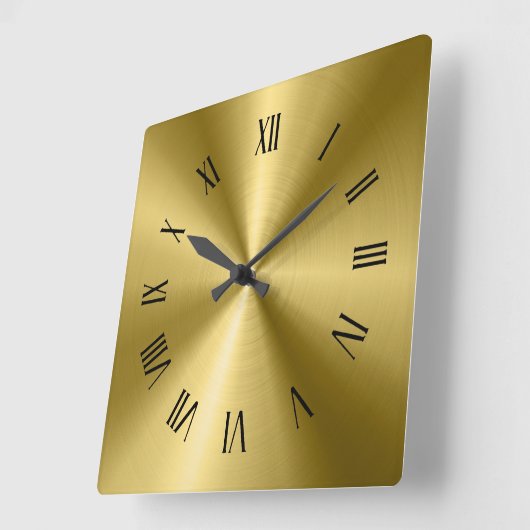 金ゴールド光沢のあるメタリックテクスチャローマ数字 スクエア壁時計 (傾斜)