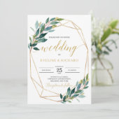 金ゴールド六方枠緑色ユーカリ結婚カリ 招待状 (スタンド正面)