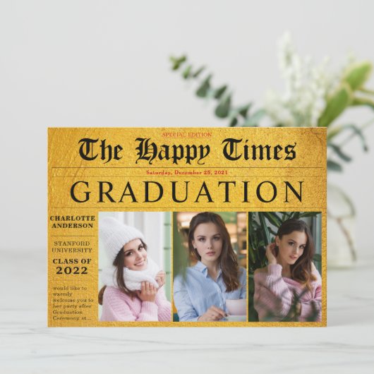 金ゴールド共有あなたのニュース3写真卒業パーティー 招待状 (スタンド正面)