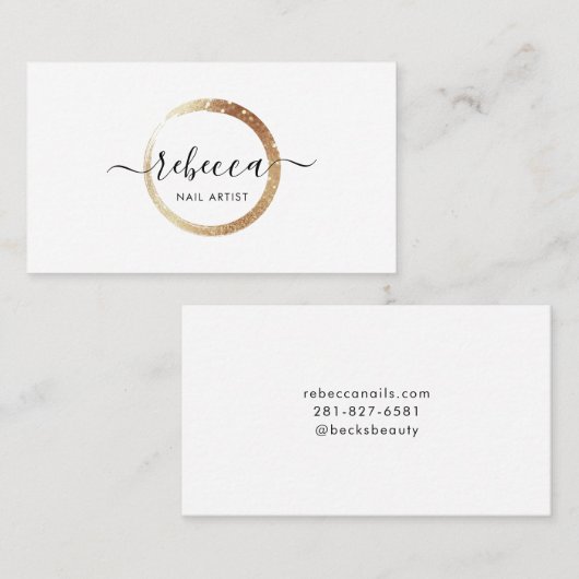 金ゴールド円スクリプト名メイクアップ爪、 ネイル美しい 名刺 (正面/裏面)