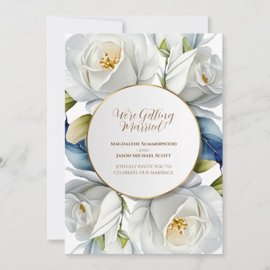 金ゴールド円フレームホワイトローズフローラ背景 招待状 (正面)