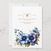 金ゴールド円形フレームブルーパープルフローラ背景 招待状 (裏面)