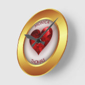 金ゴールド円枠及び赤いハート ラウンド壁時計 (傾斜)