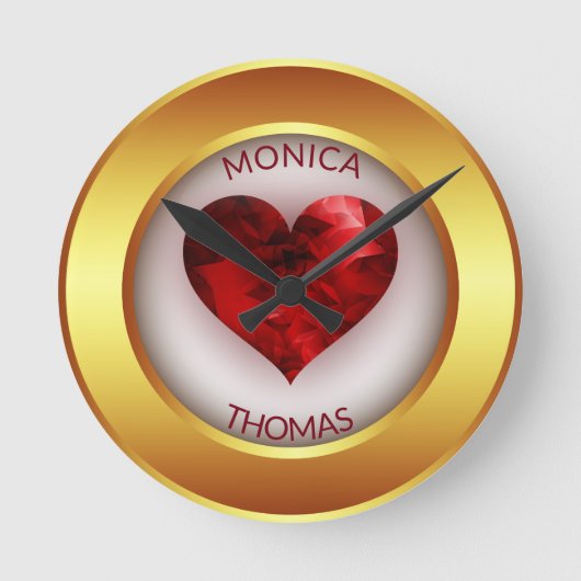 金ゴールド円枠及び赤いハート ラウンド壁時計 (正面)