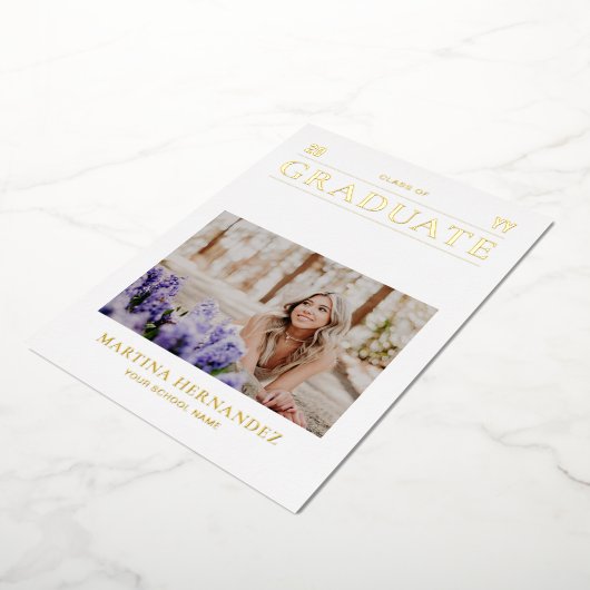 金ゴールド写真の卒業発表カード 箔招待状 (回転した状態)