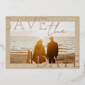 金ゴールド写真ウェディング日付を保存バラ金ゴールド 箔招待状 (正面)