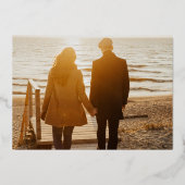 金ゴールド写真ウェディング日付を保存バラ金ゴールド 箔招待状 (裏面)