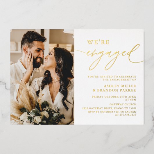 金ゴールド写真エレガント婚約パーティ 箔招待状 (正面)