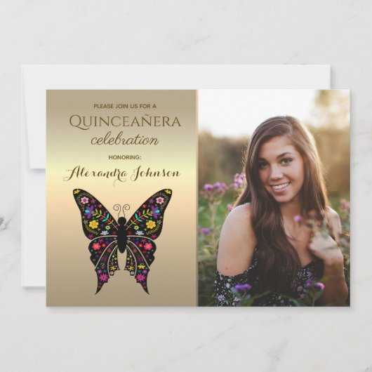 金ゴールド写真キンセアニェラ15誕生日 招待状 (正面)