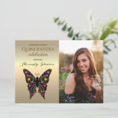 金ゴールド写真キンセアニェラ15誕生日 招待状 (スタンド正面)