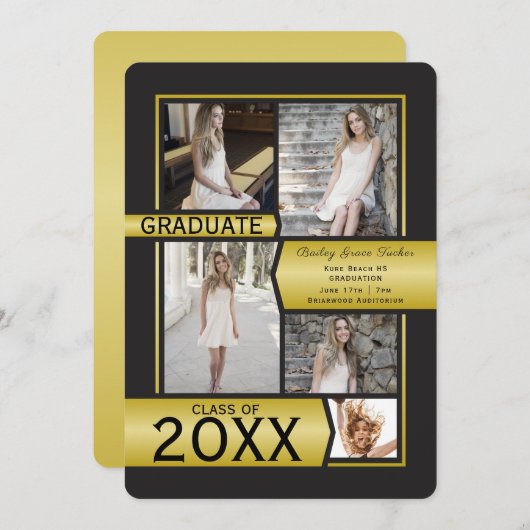 金ゴールド写真コラージュのクラスの卒業 案内状 (正面/裏面)