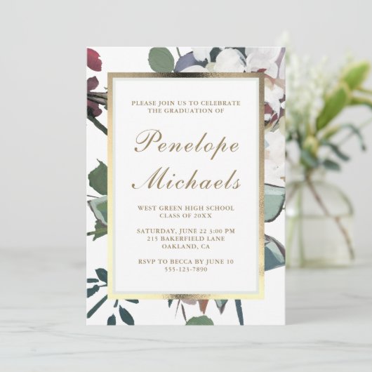 金ゴールド写真フェイク卒業パーティー付きシックフローラ 招待状 (スタンド正面)