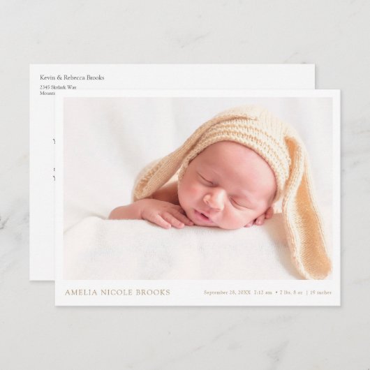 金ゴールド写真新生児少年少女誕生発表 ポストカード (正面/裏面)