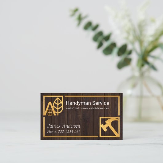 金ゴールド写真枠材木壁大工 名刺 (スタンド正面)