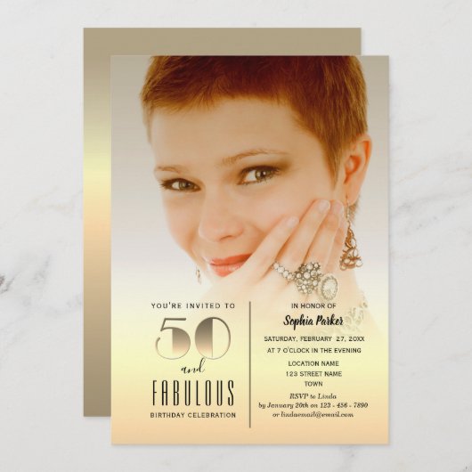 金ゴールド写真50誕生日 招待状 (正面/裏面)