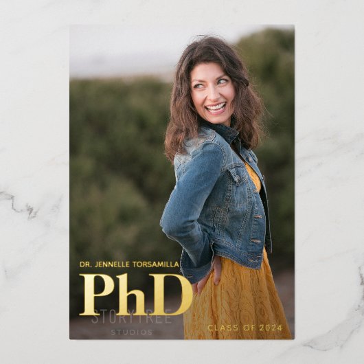 金ゴールド写真PhD卒業発表 箔招待状 (正面)