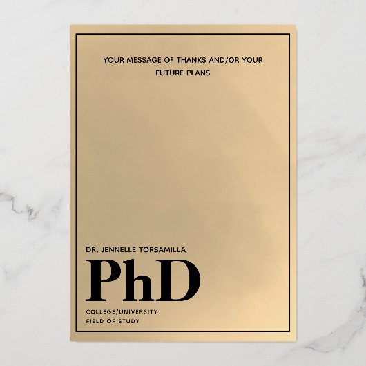 金ゴールド写真PhD卒業発表 箔招待状 (裏面)