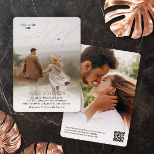 金ゴールド写真QRコードに参加す結婚る 箔招待状