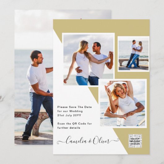 金ゴールド写真QRコード結婚式の招待または救日付 招待状 (正面/裏面)