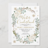 金ゴールド冬のスノーウィーOnederland 1st誕生日 招待状 (正面)