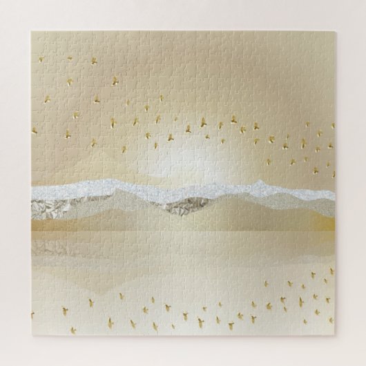 金ゴールド冬の夕焼けの山水反射 ジグソーパズル (縦)