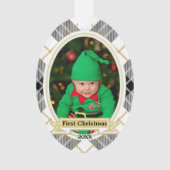 金ゴールド冬の格子状の初めてのクリスマス写真 オーナメント (正面)