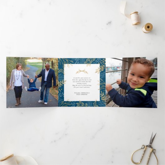 金ゴールド冬の緑のダークブルー4写真クリスマス 三つ折りクリスマスカード (内部)