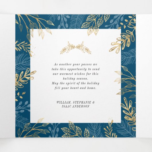金ゴールド冬の緑のダークブルー4写真クリスマス 三つ折りクリスマスカード (内部中)