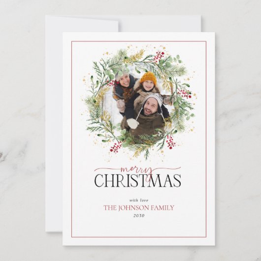 金ゴールド冬の緑のリースメリークリスマスフォト シーズンカード (正面)