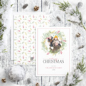 金ゴールド冬の緑のリースメリークリスマスフォト シーズンカード