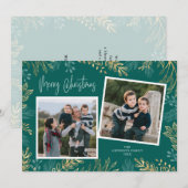 金ゴールド冬の緑オンティール（緑がかった色）2 Photo Christmas シーズンカード (正面/裏面)