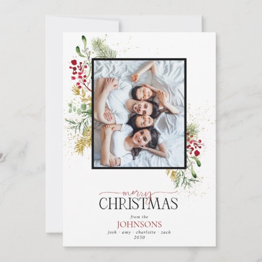 金ゴールド冬の緑メリークリスマスフォトホリデー シーズンカード (正面)