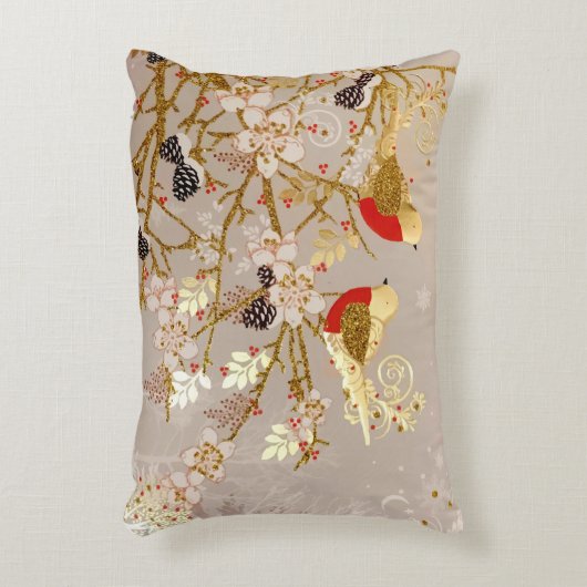 金ゴールド冬の雪鳥の国クリスマス アクセントクッション (正面(垂直))