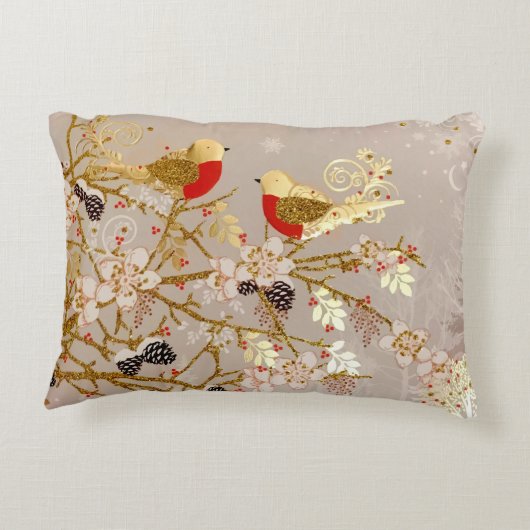 金ゴールド冬の雪鳥の国クリスマス アクセントクッション (裏面)