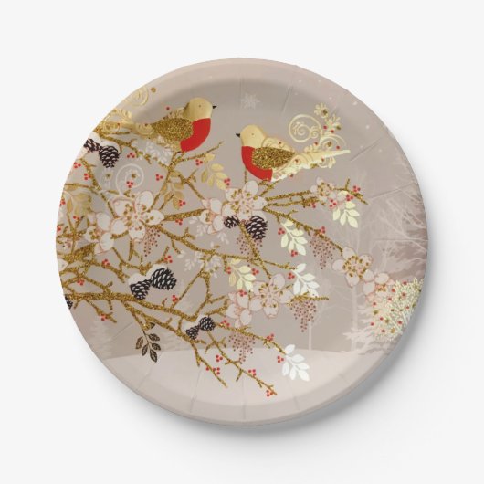 金ゴールド冬の雪鳥の国クリスマス ペーパープレート (正面)