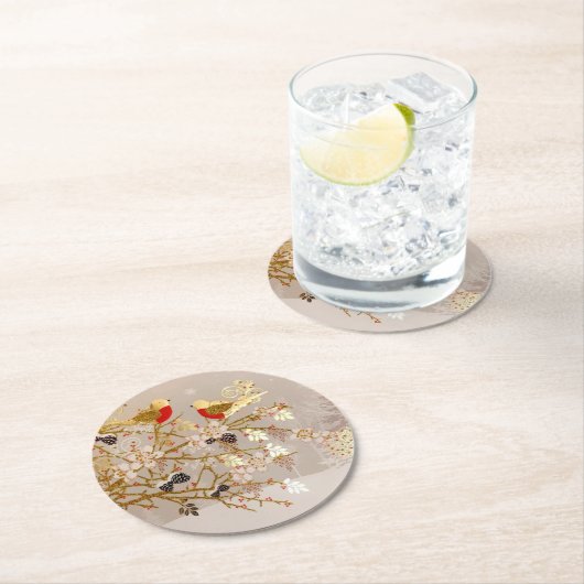 金ゴールド冬の雪鳥の国クリスマス ラウンドペーパーコースター (インサイチュ)