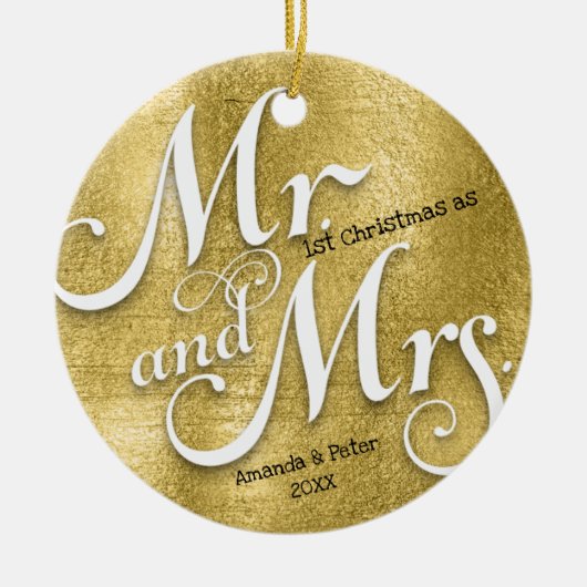 金ゴールド初めてのクリスマスは新婚の写真として セラミックオーナメント (正面)