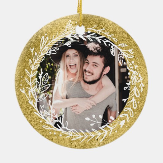 金ゴールド初めてのクリスマスは新婚の写真として セラミックオーナメント (裏面)