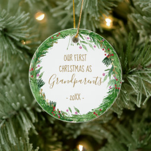 金ゴールド初めてのクリスマスを祖父母としてベビー写真 セラミックオーナメント