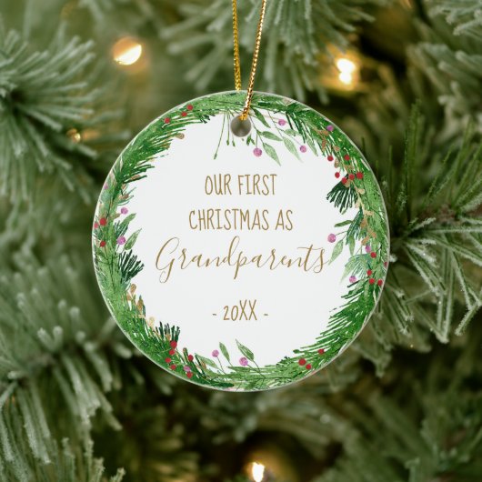 金ゴールド初めてのクリスマスを祖父母としてベビー写真 セラミックオーナメント (ツリー)