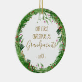 金ゴールド初めてのクリスマスを祖父母としてベビー写真 セラミックオーナメント (右)