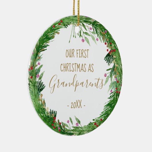 金ゴールド初めてのクリスマスを祖父母としてベビー写真 セラミックオーナメント (右)