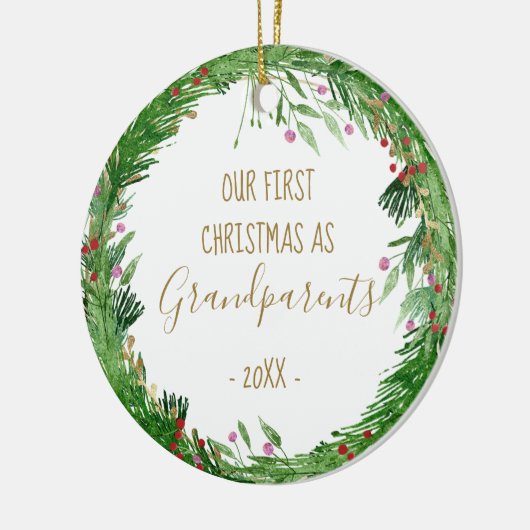 金ゴールド初めてのクリスマスを祖父母としてベビー写真 セラミックオーナメント (左)