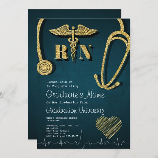 金ゴールド医学校卒業党招待状 招待状 (正面/裏面)