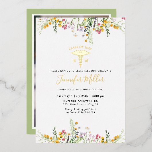 金ゴールド医療子供部屋卒業式野花 箔招待状 (正面/裏面)