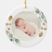 金ゴールド十字緑色写真バプテスマ贈り物 セラミックオーナメント (裏面)