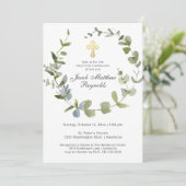 金ゴールド十字聖聖餐式ユーカリ緑 招待状 (スタンド正面)