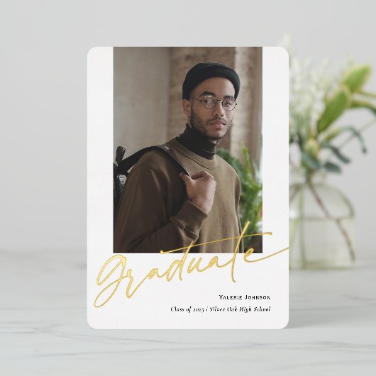 金ゴールド卒モダン業写真卒業カード 箔シーズンカード (立ち正面)