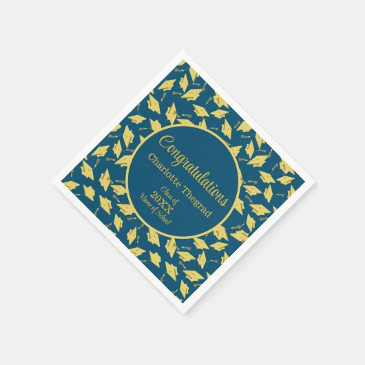 金ゴールド卒業キャップが青に揺れパーソナライズされたる スタンダードカクテルナプキン (角)